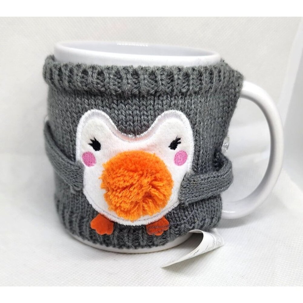 Penguin Mug With Knitted Gray Sweater Cozy & Orange Pom-Pom Design